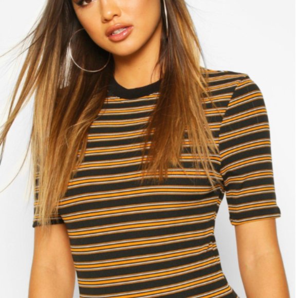 BOOHOO STRIPE RIB SHORT SLEEVE BODYCON MIDI DRESS - Picture 3 of 7